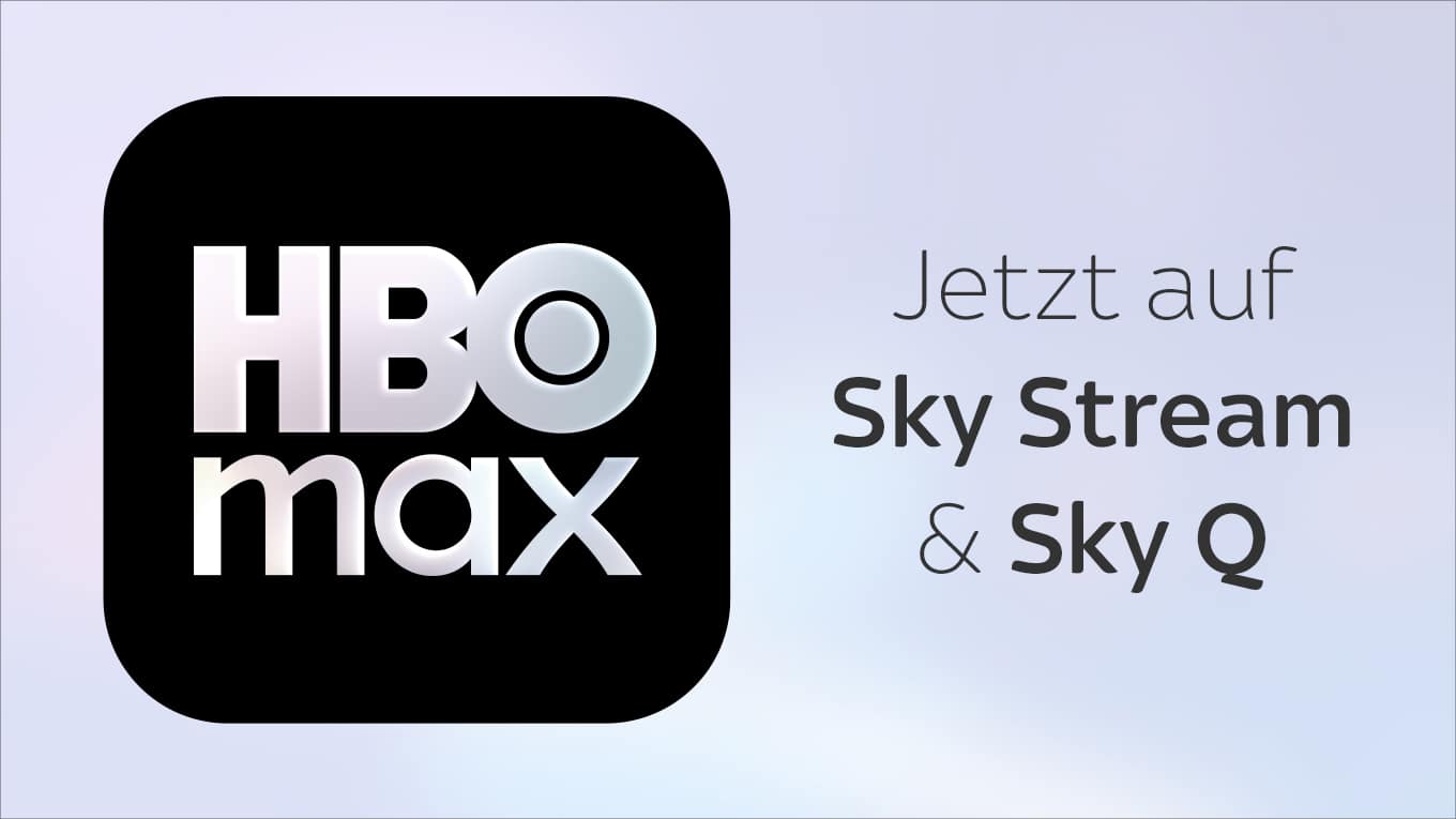 HBO Max Logo mit Infotext, dass die App auf Sky Plattformen verfügbar ist