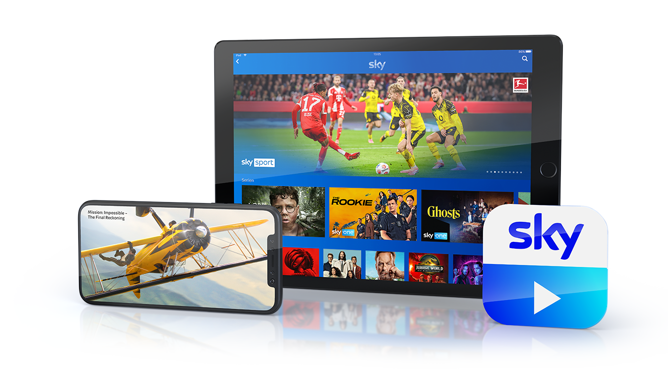 Ein Tablet mit der Sky Go UI, links davor ein Handy mit einem Sky-Inhalt und rechts davor das Sky-Go-Logo.