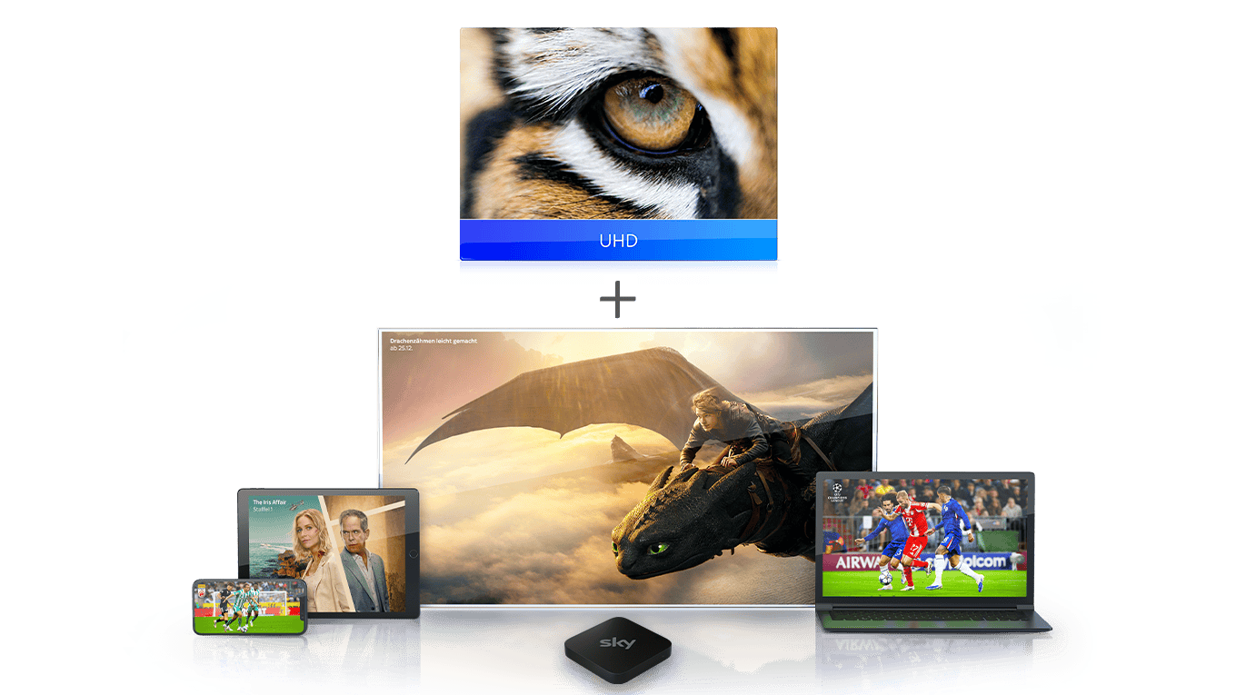 Ein Sky Stream Box vor einem Fernseher mit der Sky Stream UI sowie verschiedenen mobilen Geräten mit, die jeweils einen bei Sky erhältlichen Inhalt abbilden.