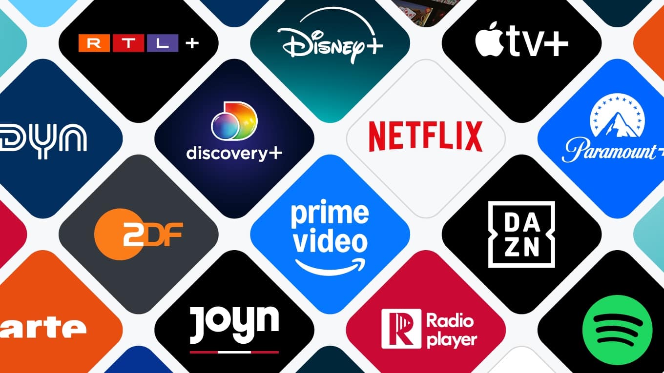 Eine Collage aus verschiedenen App-Logos, die über Sky Stream nutzbar sind.