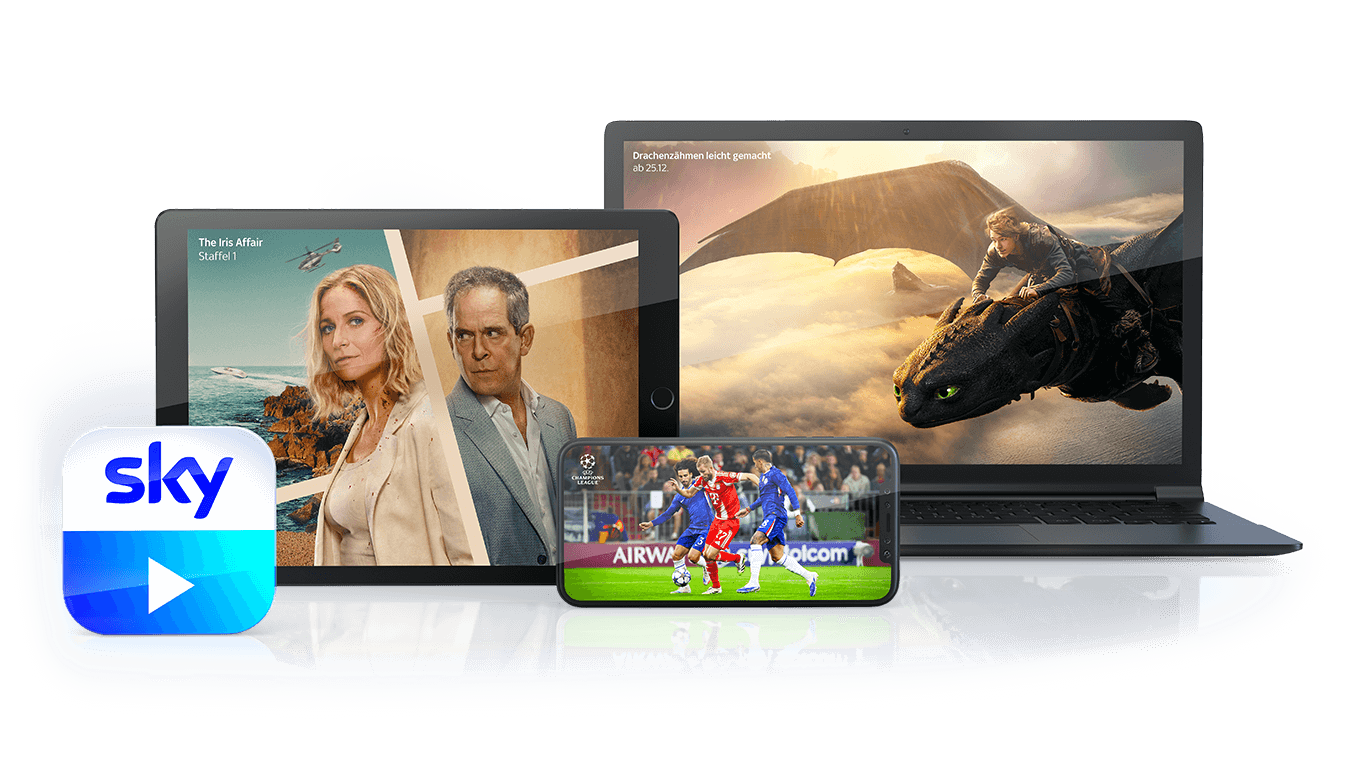 Ein Laptop, ein Tablet und ein Handy mit jeweils einem Sky-Inhalt und links davor das Sky-Go-Logo.