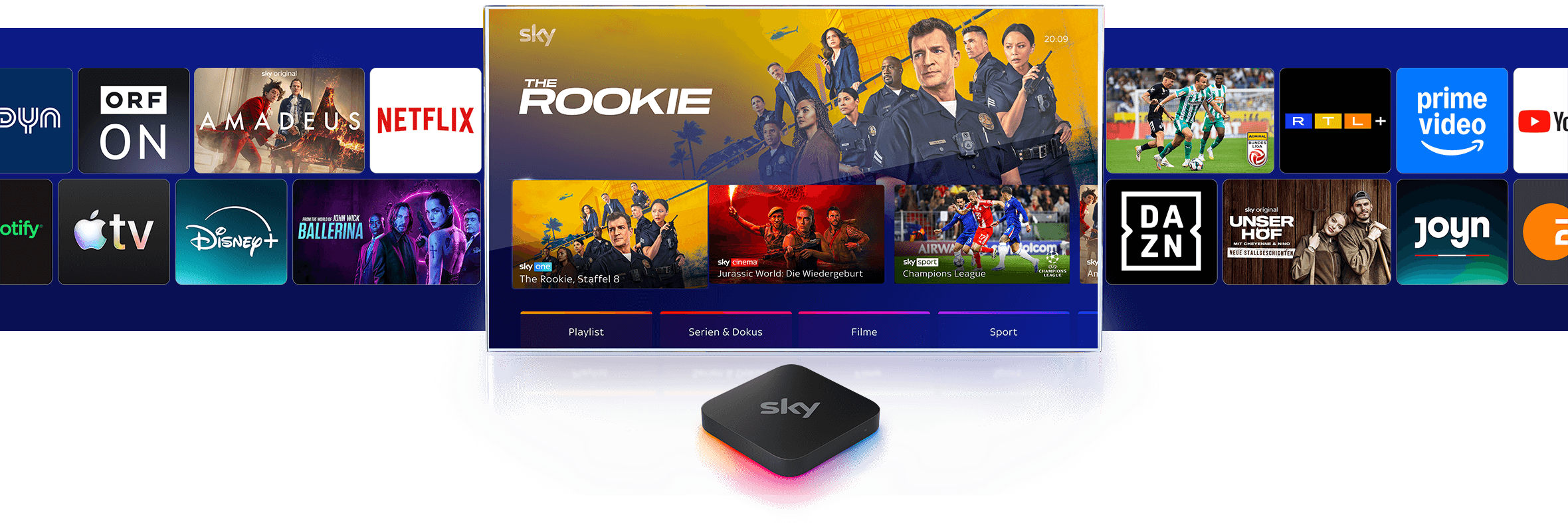 Sky Stream Box vor einem Fernseher, auf dem das Sky Stream UI zu sehen ist.