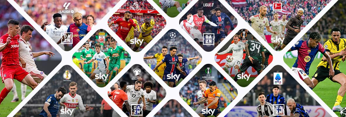 Collage aus mehreren rautenförmigen Bildfeldern, die verschiedene Fußballspiele aus internationalen Ligen und Wettbewerben zeigen. Zu sehen sind Spielszenen aus der Premier League, Bundesliga, LaLiga, Ligue 1, Serie A, Champions League, Europa League, Conference League, DFB-Pokal, Admiral Bundesliga und den European Qualifiers. In jeder Raute befinden sich dynamische Actionfotos von Spielern im Zweikampf oder beim Ballführen. Die Logos von Sky und DAZN sind den jeweiligen Wettbewerben zugeordnet. Die gesamte Grafik wirkt wie eine Übersicht aller Fußballrechte der beiden Anbieter.