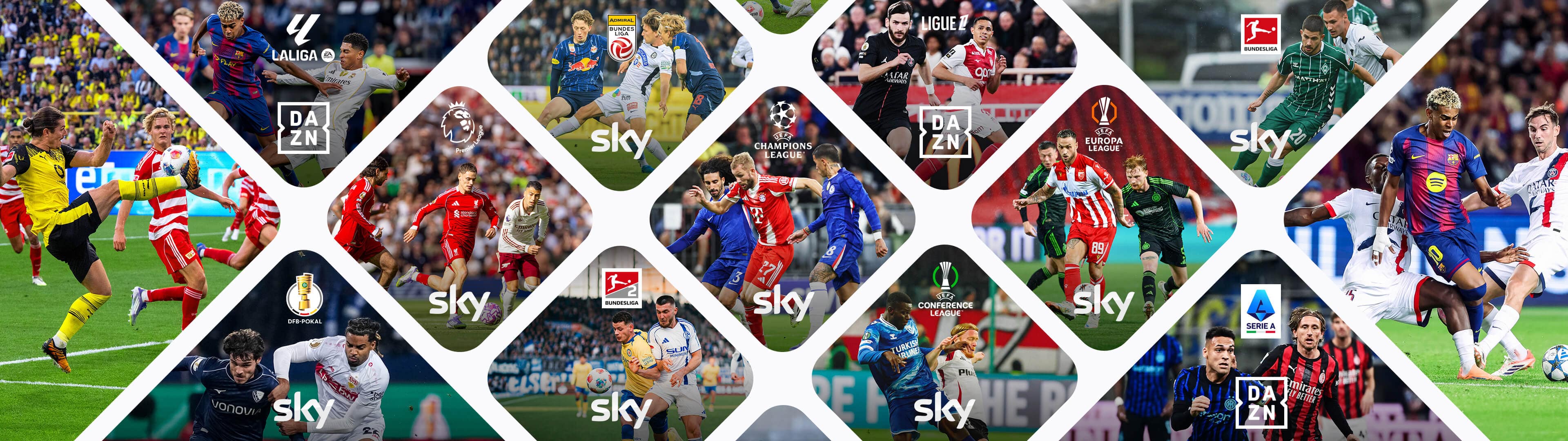Collage aus mehreren rautenförmigen Bildfeldern, die verschiedene Fußballspiele aus internationalen Ligen und Wettbewerben zeigen. Zu sehen sind Spielszenen aus der Premier League, Bundesliga, LaLiga, Ligue 1, Serie A, Champions League, Europa League, Conference League, DFB-Pokal, Admiral Bundesliga und den European Qualifiers. In jeder Raute befinden sich dynamische Actionfotos von Spielern im Zweikampf oder beim Ballführen. Die Logos von Sky und DAZN sind den jeweiligen Wettbewerben zugeordnet. Die gesamte Grafik wirkt wie eine Übersicht aller Fußballrechte der beiden Anbieter.