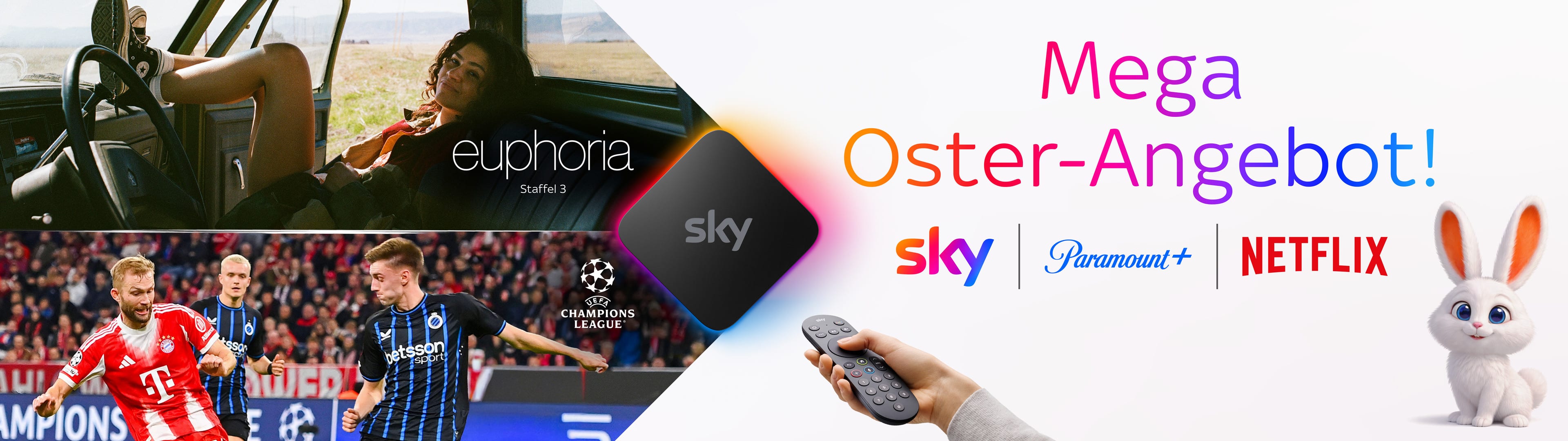 Werbegrafik für ein Sky-Angebot: Links sind mehrere rautenförmige Kacheln mit Serien- und Sportinhalten zu sehen, darunter „Lord of the Flies“, Fußball-Szenen aus der Champions League und Bundesliga sowie „Nobody 2“ und „Marshals“. In der Mitte schwebt ein beleuchtetes Sky-Logo neben einem Pluszeichen. Rechts befindet sich eine 100-Euro-Amazon-Geschenkkarte. Unten hält eine Hand eine Fernbedienung in Richtung der Inhalte.