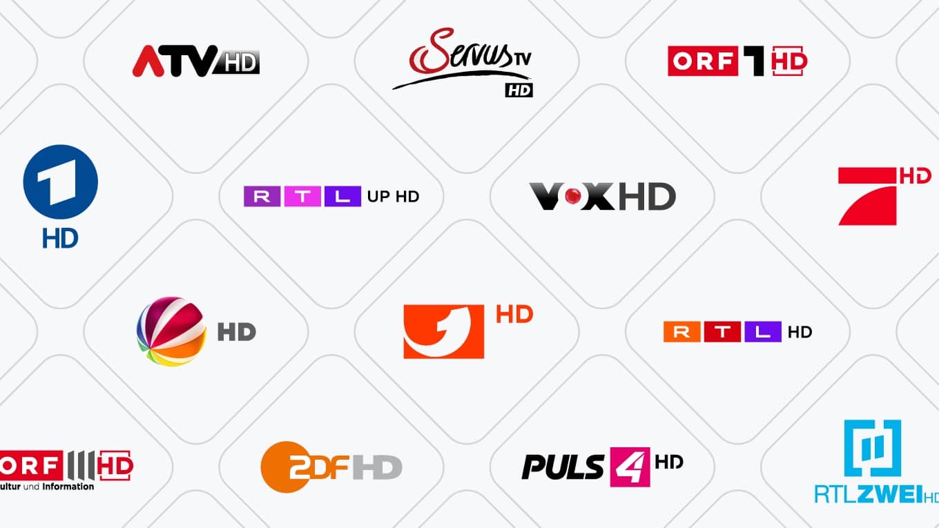 Collage verschiedener TV-Sender-Logos, die mit Sky Stream in High Definition empfangen werden können.