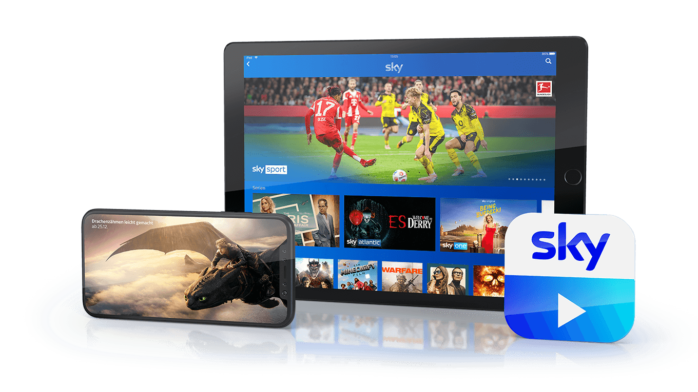 Ein Tablet mit der Sky Go UI, links davor ein Handy mit einem Sky-Inhalt und rechts davor das Sky-Go-Logo.