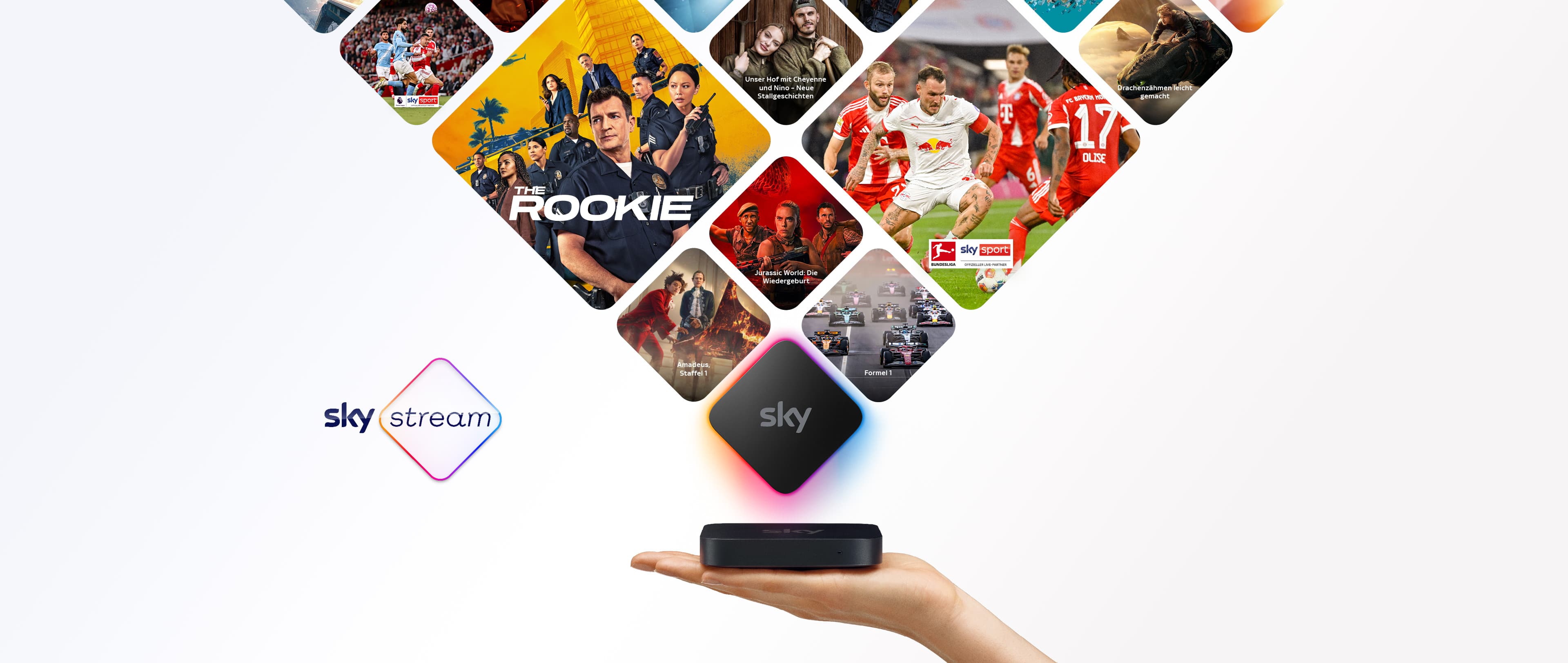 Sky Stream Box und daneben Logos von verschiedenen Apps, die man damit nutzen kann.